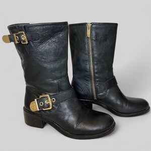 Vince Camuto Winchell Black Leather Moto Boots with Gold Hardware